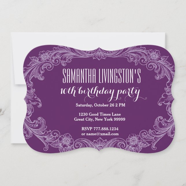 10th Purpurfärgad vintage V06 för Inbjudningar (Framsida)