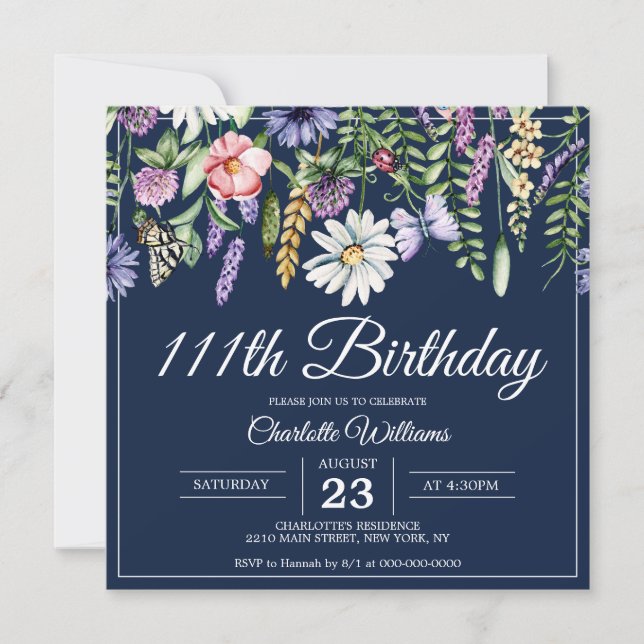 111:e födelsedagen: Eleganten Wildblommor Navy 111 Inbjudningar (Framsida)