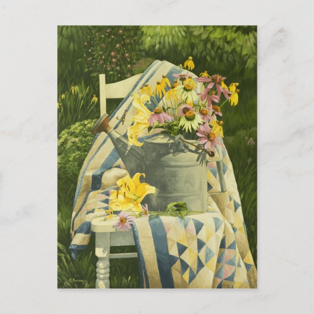 1138 Watering Kan på Quilt i Garden Postcard Vykort (Framsida)