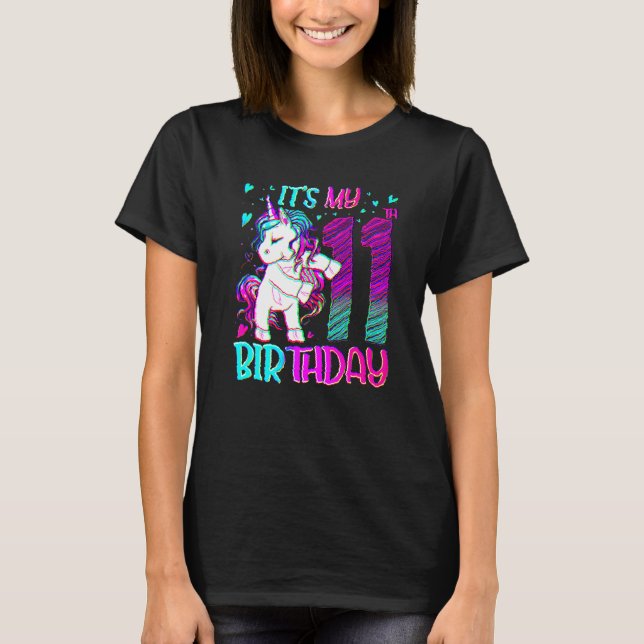 11 år Gamla Unicorn Flossing 11th Birthday Girl U T Shirt (Framsida)
