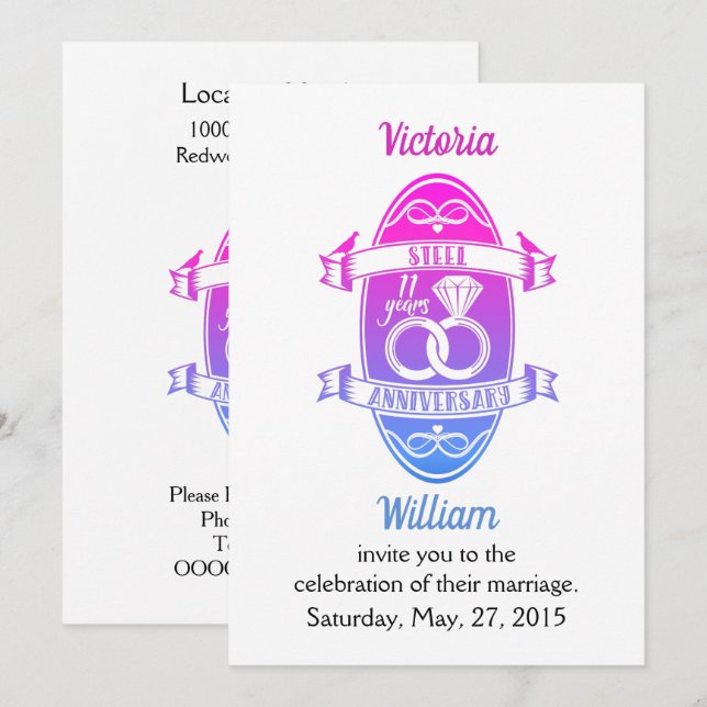 11 År traditionellt stål 11:e bröllopsjubileum Inbjudningar (Fram/baksida)