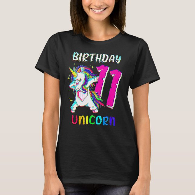 11-årig flicka som doftar Unicorn 11:e födelsedage T Shirt (Framsida)
