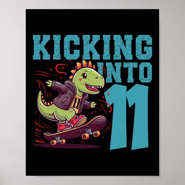 11-årig skateboardåkare som åker T-rex dinosaur bi Poster (Framsidan)