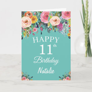 11-års födelsedag Akvarell Blommor Teal Kort