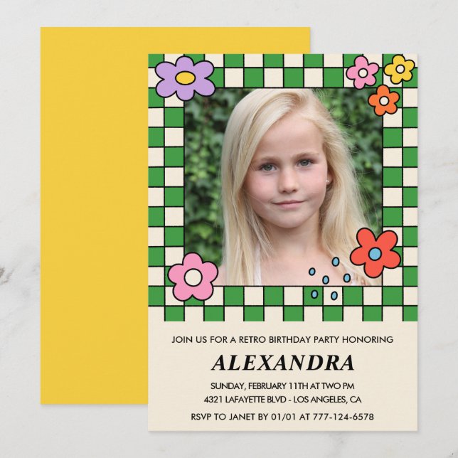 11-års födelsedagsinbjudningar Retro Groovy Blommo Inbjudningar (Fram/baksida)