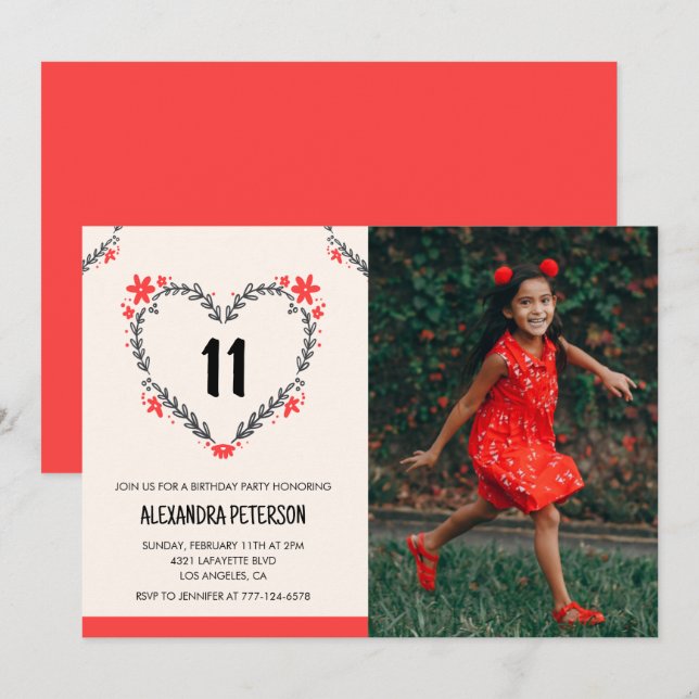 11-års födelsedagsinbjudningar till henne Blommig  Inbjudningar (Fram/baksida)