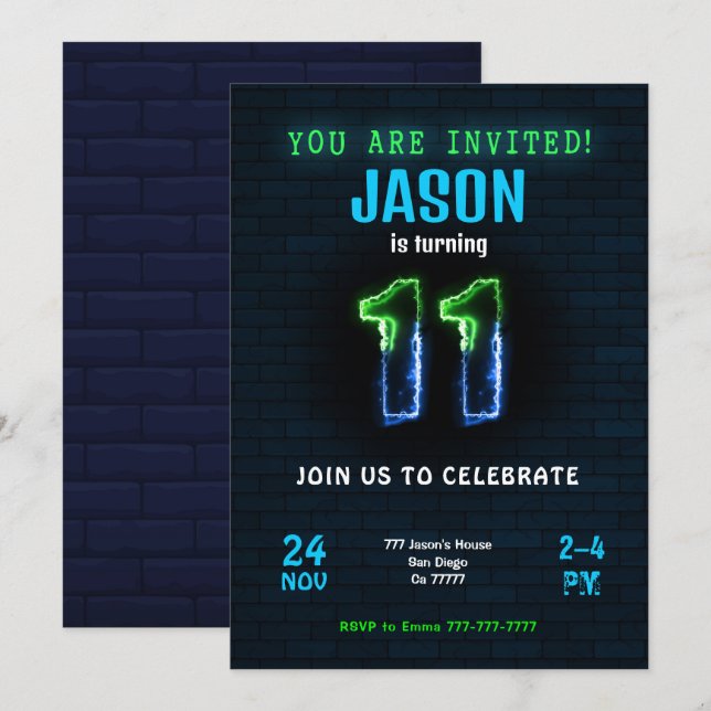 11-års pojkfödelsedagsinbjudan inbjudningar (Fram/baksida)