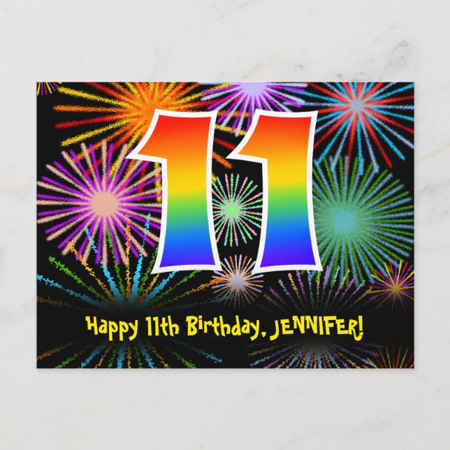 11-årsdag – Roligt fyrverkerimönster + Regnbåge 11 Vykort (Framsida)