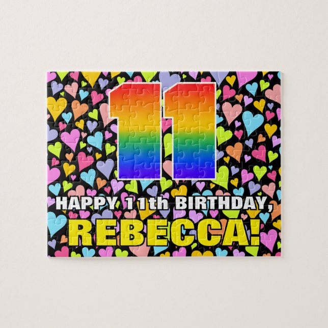 11-årsdag — Rolll, kärleksfulla hjärtformer + “11” Pussel (Horisontell)