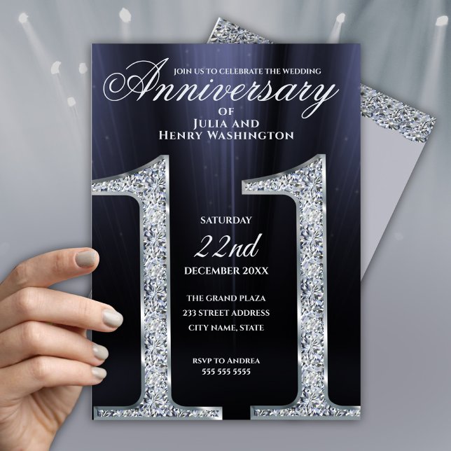 11-årsjubileum Diamant Silver Mörkblå År Inbjudningar (Skapare uppladdad)