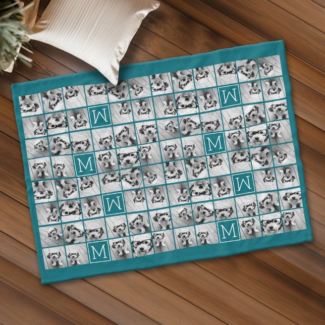 11 Bild kollage med Anpassningsbar Monogram Blue Fleecefilt (Custom Fleece Blanket - Add Photos and Text)