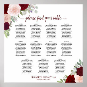 11 Bord Burgundy Red & Rosa Blommigt Sittdiagram Poster