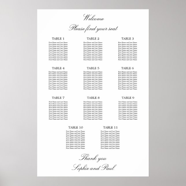 11 Bord Elegant Minimalistisk Placeringsplan Poster (Framsidan)
