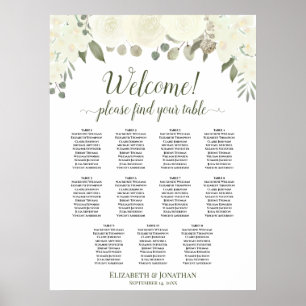 11 Bord Elfenbensvita Rosor Bröllopsplatskarta Poster