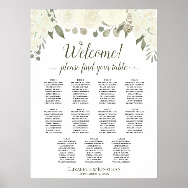 11 Bord Elfenbensvita Rosor Bröllopsplatskarta Poster (Framsidan)