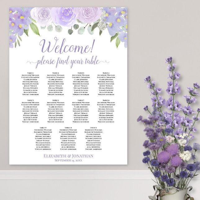 11 Bord Lavender Boho Ro Bröllop, sittdiagram Poster (In Situ on Wall with Flowers)
