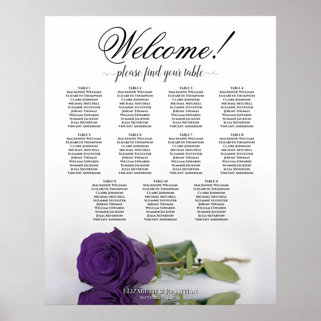 11 Bord Royal Lila Ros Bröllopsplatskarta Poster (Framsidan)