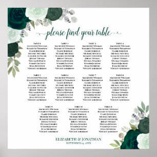 11 Bordsmaragd Blommig Bröllops Placeringsplan Poster