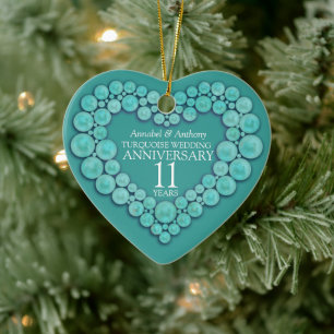11:e Bröllop-årsdagen Turquise-hjärt-ornament Julgransprydnad Keramik