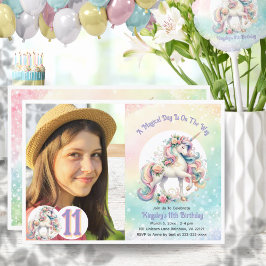 11:e elfte Unicorn Photo Födelsedagsfest Rainbow Inbjudningar