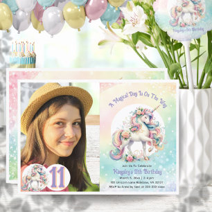 11:e elfte Unicorn Photo Födelsedagsfest Rainbow Inbjudningar