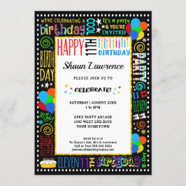 11:e Födelsedag Färg Galen Text på Svart Fest Inbjudningar