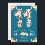 11:e födelsedag Fotokollage Gult Flower Teal Inbjudningar<br><div class="desc">Skapa en elfte födelsedag med sex bilder i en stor elva. Dekorerad med vacker och underbar vattenfärg  gult och blåa blommor och ro med grönt löv. Perfekt 11:e födelsedagspresent. Personlig nummer 11 fotokollage för en unik och mycket speciell produkt.</div>