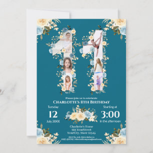11:e födelsedag Fotokollage Gult Flower Teal Inbjudningar