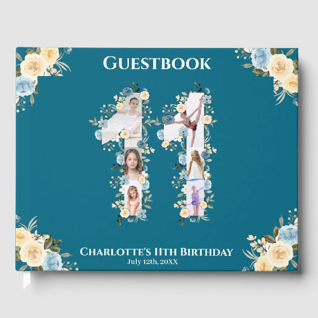 11:e födelsedag Gult för tealfotokollage Gästböcker (Framsida)