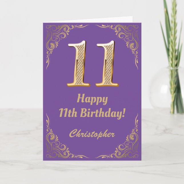 11:e födelsedag Lila och Guld Glitter Ram Kort (Framsida)