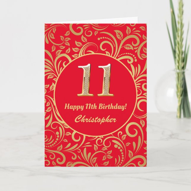 11:e födelsedag Röda och Guld Blommönstret Kort (Framsida)