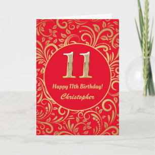 11:e födelsedag Röda och Guld Blommönstret Kort