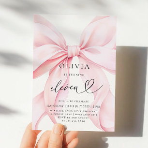 11:e födelsedag Rosa Bow Party Inbjudningar