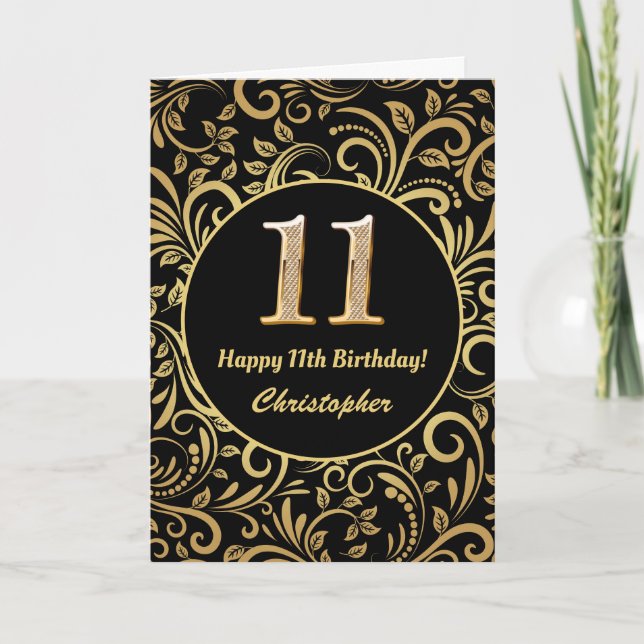 11:e födelsedag Svarta och Guld-Blommönstret Kort (Framsida)