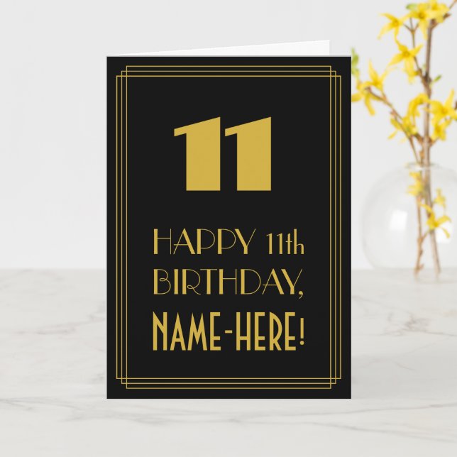 11:e födelsedagen - Art Deco Inspired Titta "11" o Kort (Gul blomma)