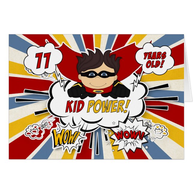 11:e födelsedagen för Boys Toppen Kid Red Tecknad  Hälsningskort (Framsidan Horizontal)