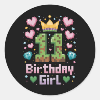 11:e födelsedagstidningen Girl Shirt Gaming Pixel  Runt Klistermärke