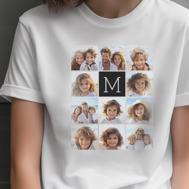 11 Foto Instagram Collage Anpassad Svart Monogram Tee Shirt (Custom Photo T-shirt)