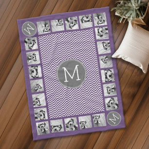 11 Foto Lila Grått Chevron Mönster med Monogram Fleecefilt
