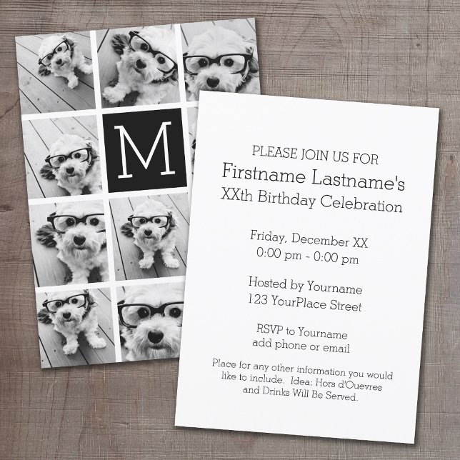 11 Foto Rutnät Kolla med Monogram Inbjudningar (Photo Collage Birthday Party Invitation)