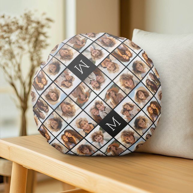 11 Foto Rutnät Kolla med Monogram Rund Kudde (Custom Pillow)