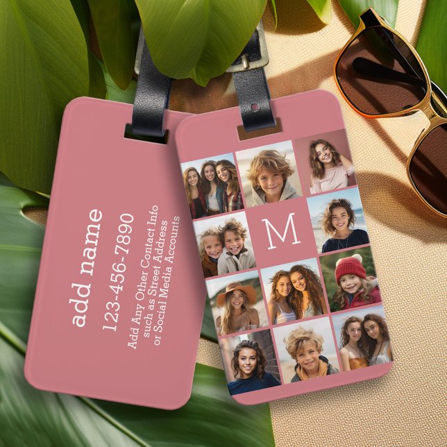 11 Fotokollage - Minimalistiskt rutnät med text Bagagebricka (Personalized Luggage and Bag Tag)