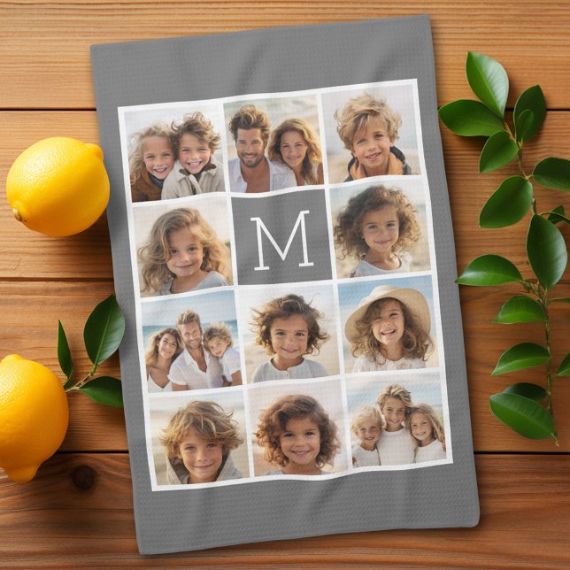 11 Fotokollage - Minimalistiskt rutnät med text Kökshandduk (11 Photo Personalized Kitchen Towel)