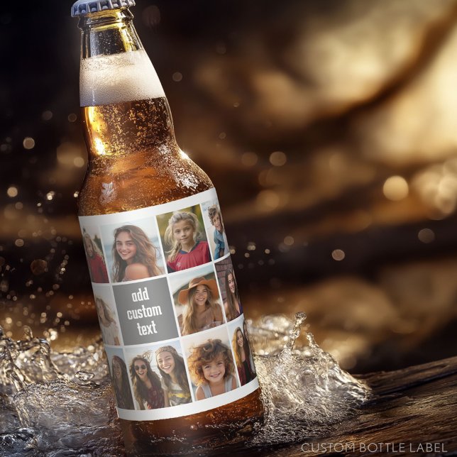11 Fotokollage - Minimalistiskt rutnät med text Ölflaska Etikett (Custom Photo Collage on a Food and Beverage Label)
