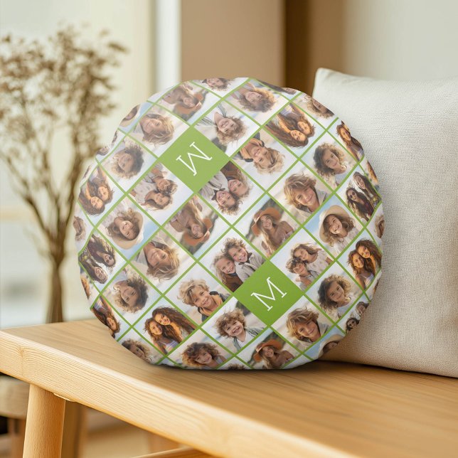 11 Fotokollage - Minimalistiskt rutnät med text Rund Kudde (Custom Pillow)