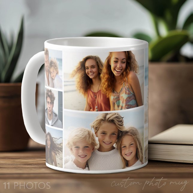 11 Fotokollage - Modern, Minimal Vit Kaffemugg (Photo Mug with Lots of Photos)