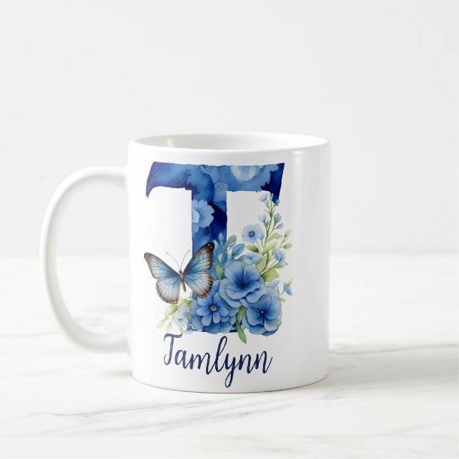 11 oz Blå Blommig Kaffe kopp med Monogram (Vänster)