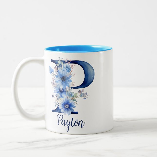 11 oz Blå Blommig Kaffe kopp med Monogram (Vänster)