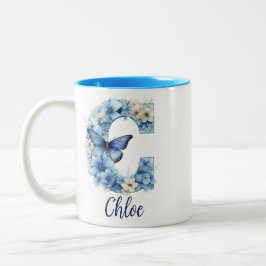 11 oz Blå Blommig Kaffe Mugg med Monogram