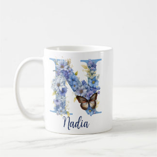 11 oz Blå Blommig Monogram Kaffe Mugg